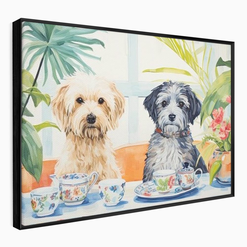 Tablou canvas cu pictura cu doi catei la ceai, in rama de aluminiu negru